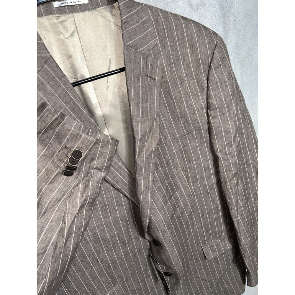 Alfani Men's 100% Linen Stretch Blazer Brown Vertical Stripe 44L Sport Coat
